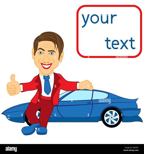 Happy Man In A Red Suit Standing Near Blue Car Conceptual Cartoon