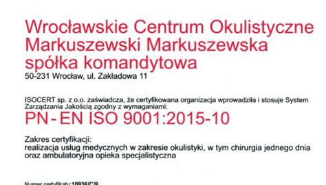 Odnowienie Certyfikatu Iso Wroc Awskie Centrum Okulistyczne