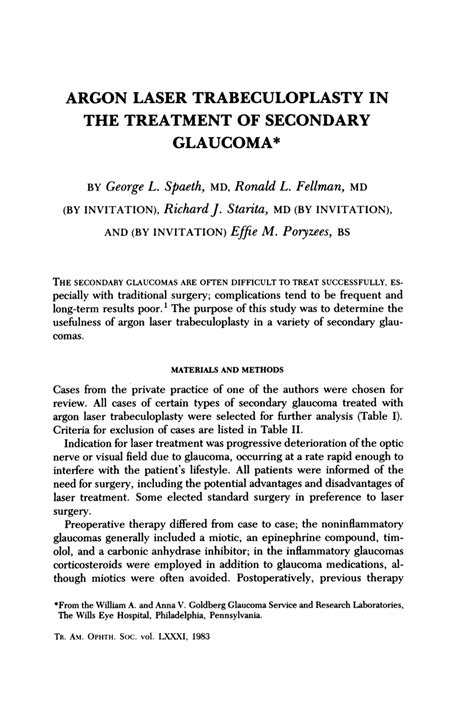 Pdf Argon Laser Trabeculoplasty In The Treatment Of Secondary Glaucoma