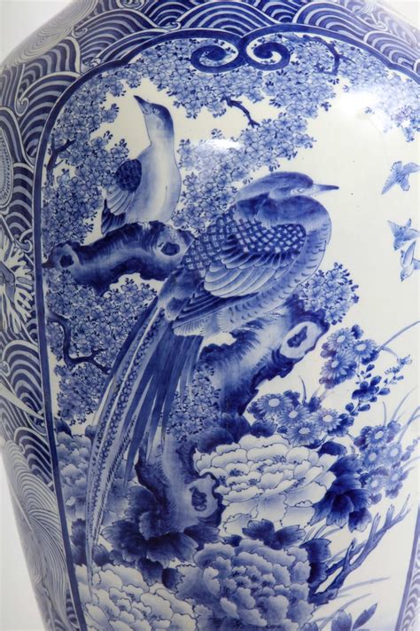 Japanese Meiji Period Blue And White Vase With Phoenix Decoration For