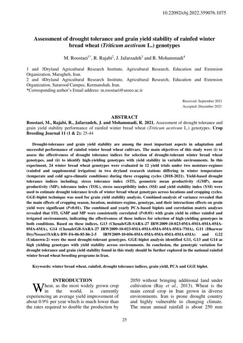 Pdf Assessment Of Drought Tolerance And Grain Yield Stability Of