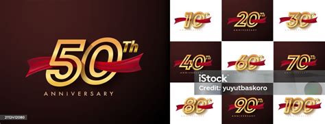 Set Of Anniversary Logotype And Red Ribbon Golden Anniversary Celebration Emblem Design For