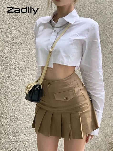 Zadily 2022 Summer Y2k Asymmetrical Long Sleeve White Shirt Women Sexy Button Slim Crop Tops