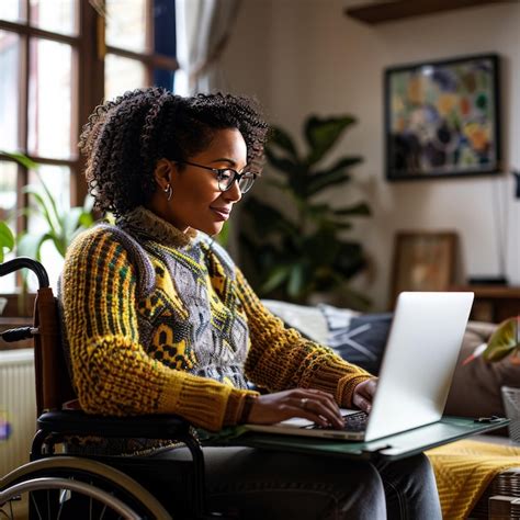 Premium Photo | Happy Disabled Black Woman in a Wheelchair Using Laptop ...