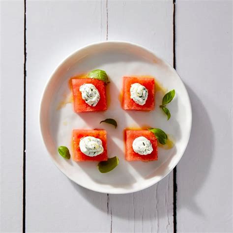 Watermelon Goat Cheese Bites With Lime Dressing By Millie Peartree Recipes Ww Usa