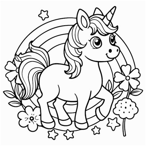 Lindo Unicornio Mágico Y Arco Iris Página De Colorear En Blanco Y Negro