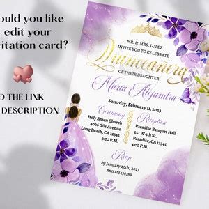 Purple And Gold Quinceanera Invitation Include Back Design 5x7