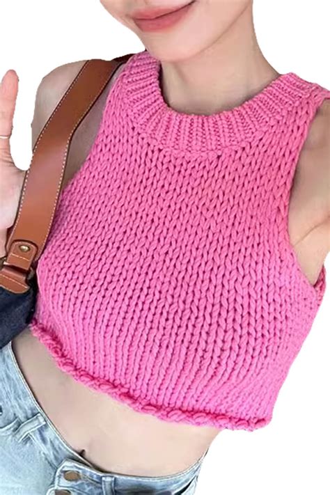 Pink Knitted Cropped Tank Top For Women Soft Girl Aesthetic