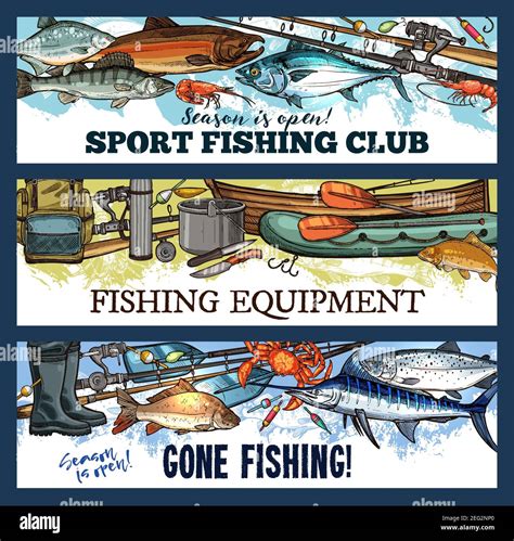 Fishing Sport Club Sketch Banners Of Fishing Equipment Vector Design