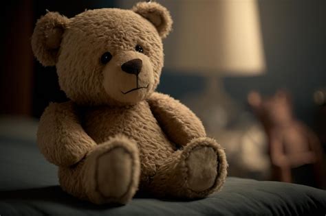 Premium Ai Image A Stuffed Bear Sits On A Bed With A Lamp Behind It