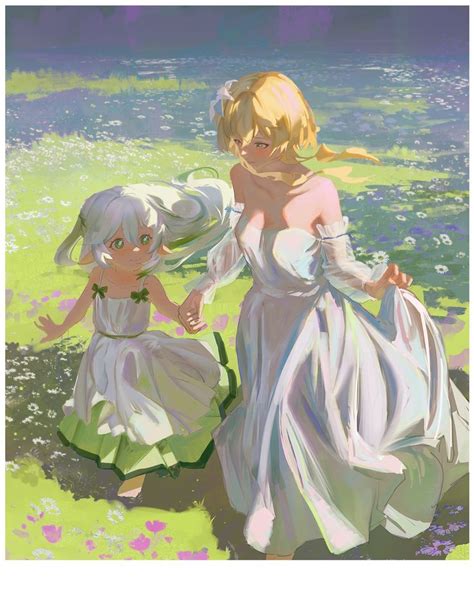 Two Women In White Dresses Are Walking By The Water