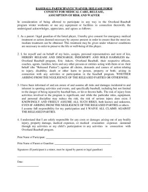 Fillable Online Baseball Participants Waiver Release Form Consent