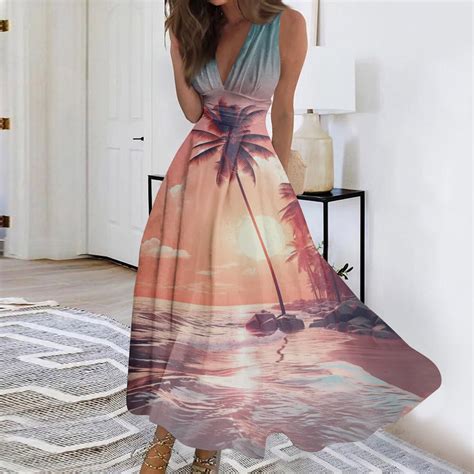 Purjkpu Womens Beach Dress Casual Deep V Neck Sleeveless Swing Dresses Hawaiian Tropical Printed