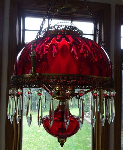 Red Ruby Glass Hanging Parlour Lamp With 32 Crystal Prisms Electrical Library Lamp Victorian