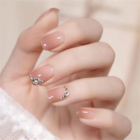 Amazon Rikview Square Press On Nails Medium Fake Nails With Rhinestones Nude Nails Glossy