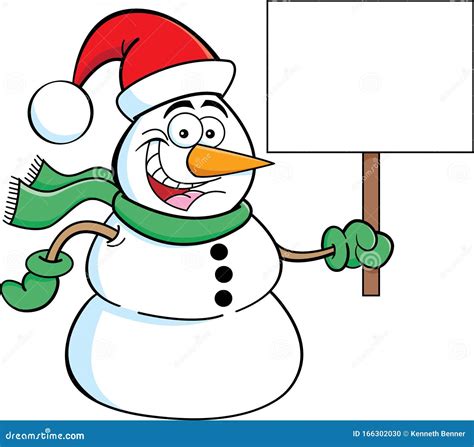 Cartoon Snowman Wearing A Santa Hat And Holding A Sign Stock Vector