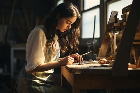 Premium Photo Young Woman Gluing Down Wooden Chair