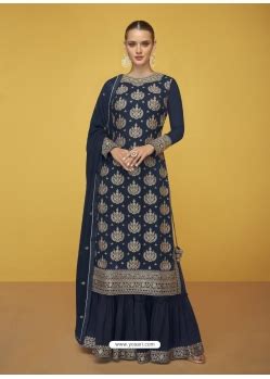 Buy Navy Blue Heavy Designer Party Wear Satin Georgette Palazzo Salwar