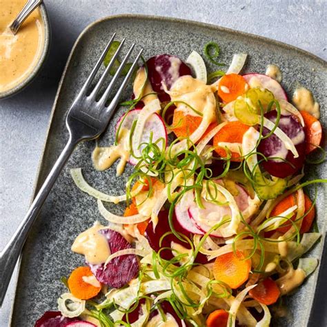 Shaved Vegetable Salad With Creamy Miso Dressing Americas Test Kitchen Recipe