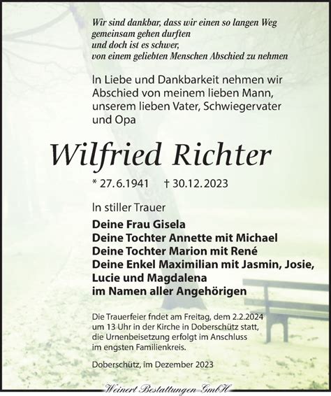 Traueranzeigen Von Wilfried Richter Trauer Anzeigen De