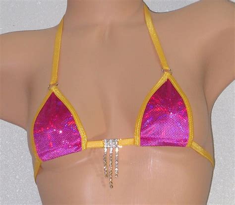 Mini Micro G String Bikini Fuchsia Holographic Velvet Trimmed In Gold S