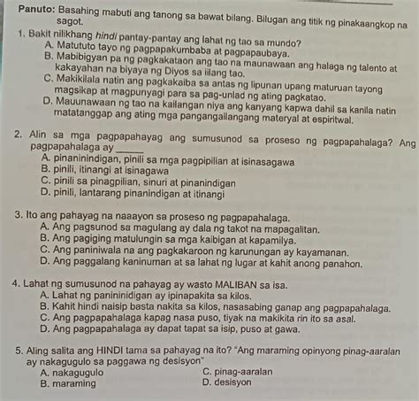 Panuto Basahing Mabuti Ang Tanong Sa Bawat Bilang Bilugan Ang Titik Ng