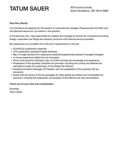 Corporate Tax Manager Cover Letter Velvet Jobs