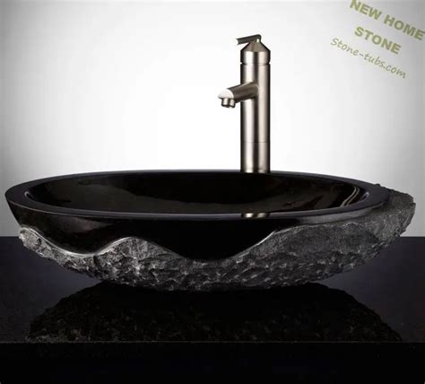 Black Granite Vessel Sink Oval Shape Rough Outside Classic Style Design