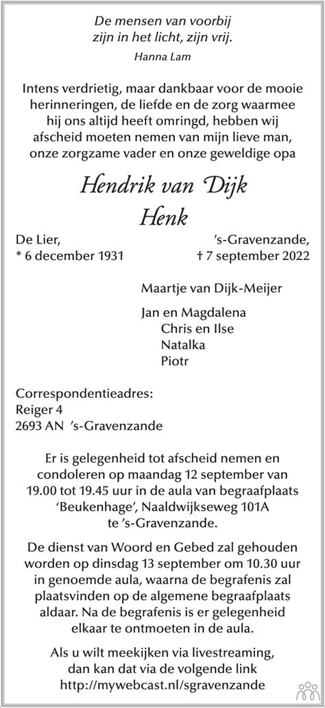 Hendrik Henk Van Dijk 07 09 2022 Overlijdensbericht En Condoleances