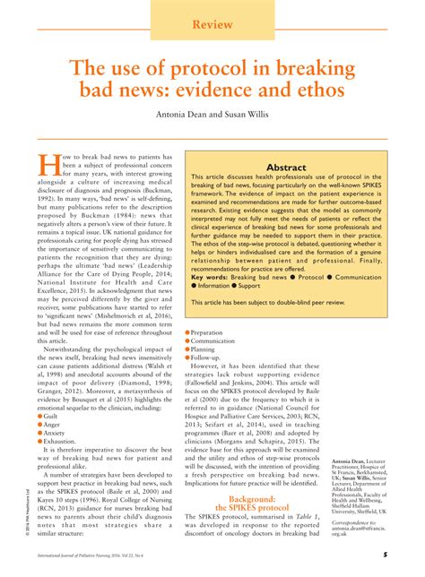 Pdf The Use Of Protocol In Breaking Bad News Evidence And Ethos