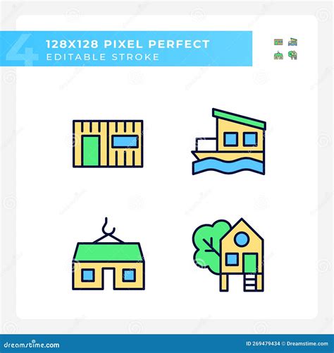 Compact Houses Pixel Perfect Rgb Color Icons Set Stock Vector