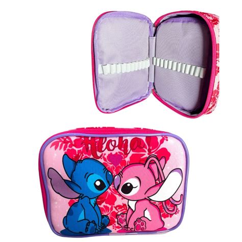 Estojo Box 100 Pens Organizador Escolar Meninas Lilo E Stitch Rosa