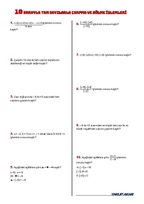 S N F Tam Say Larla Arpma Ve B Lme Lemi Al Ma Ka D Matematik