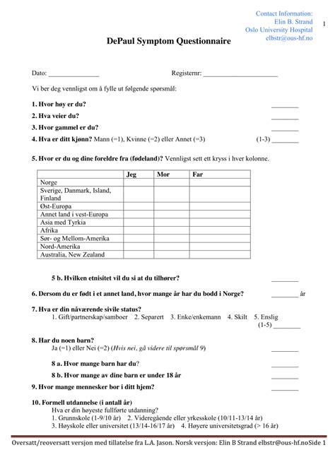 Pdf Depaul Symptom Questionnaire Dsq Norwegian Translation