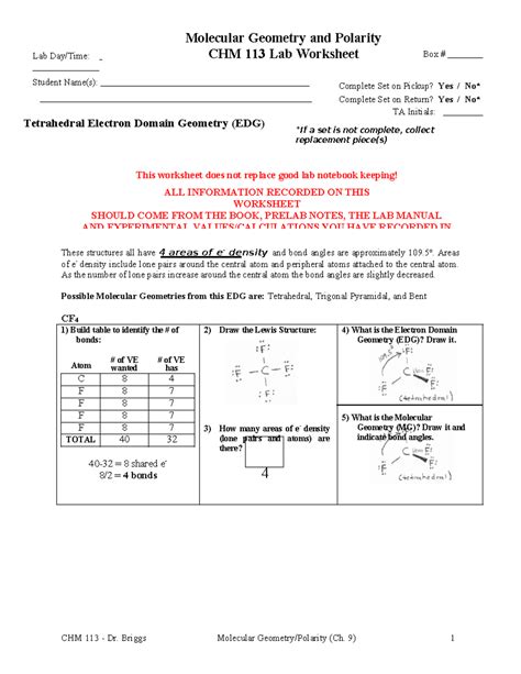 Molecular Geometry And Polarity WS 1 Lab Day Time Molecular Geometry