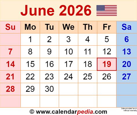 June 2026 Calendar | Templates for Word, Excel and PDF