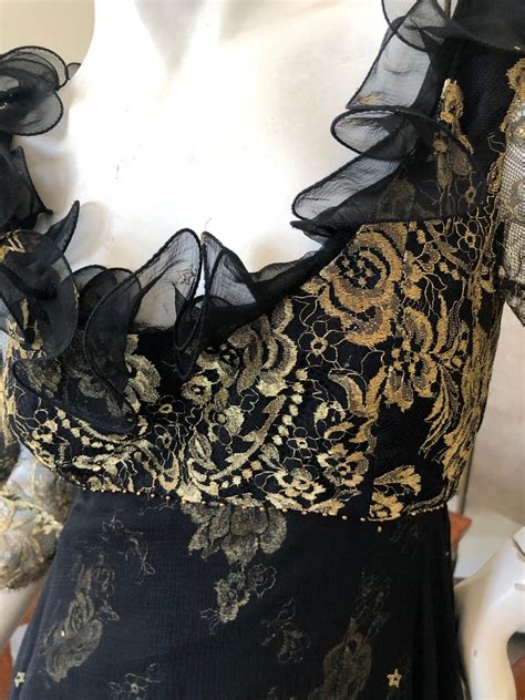 Zandra Rhodes London For Saks Fifth Avenue 80s Gold Lace Ruffled Dress For Sale At 1stdibs