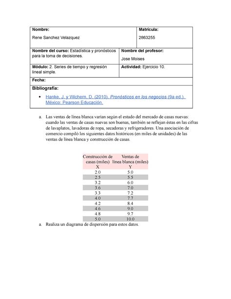 Ejercicio 10 Estadística Y Pronósticos Para La Toma De Decisiones