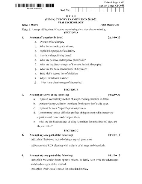 Question Paper Vlsi B Tech Rd Year Studocu