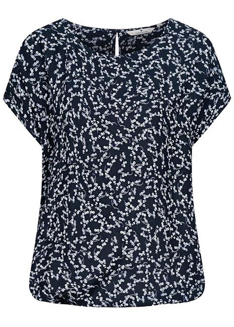 Tom Tailor Damen Oversized Blusen Shirt Blumen Print Gummibund Navy