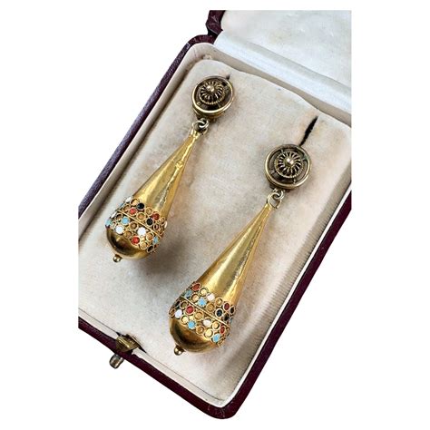 18K Gold Etruscan Revival Chalcedony Torpedo Drop Earrings For Sale At