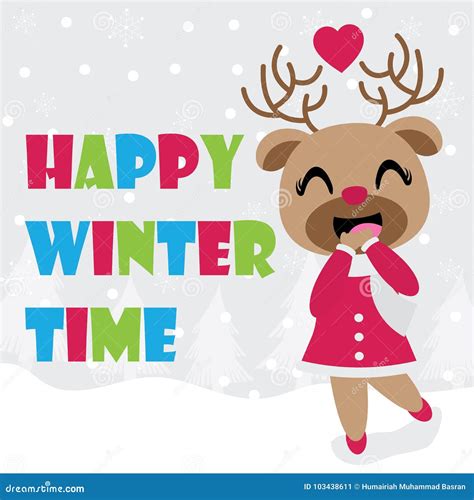 Cute Reindeer Girl Is Happy In Winter Time Vector Cartoon Illustration