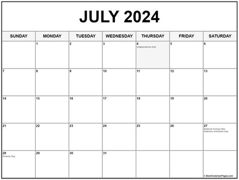 Printable July 2024 Calendar With Holidays Printable Calendar 2024