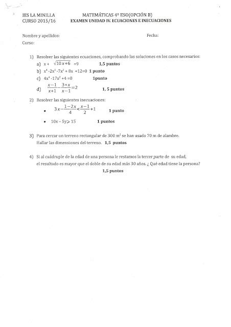 MATEMÁTICAS 4º ESO EXAMEN DE LA UNIDAD IV ECUACIONES E INECUACIONES