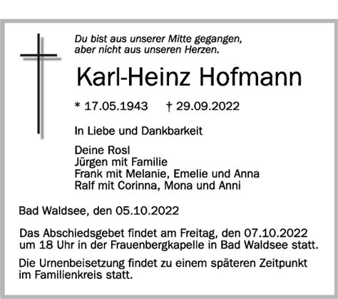 Traueranzeigen Von Karl Heinz Hofmann Schwaebische De Trauerportal