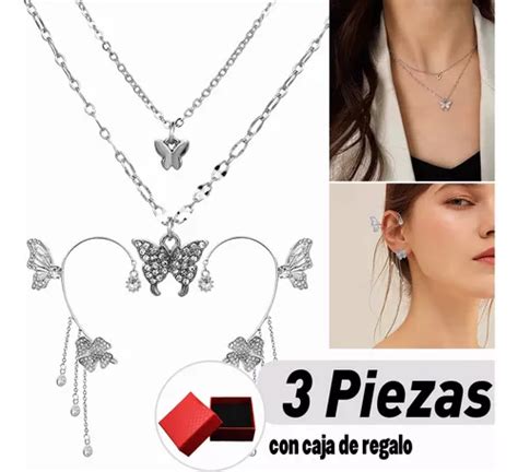 Pzs Aretes De Mariposas Clip Collar De Cadena Doble Pulsera Meses