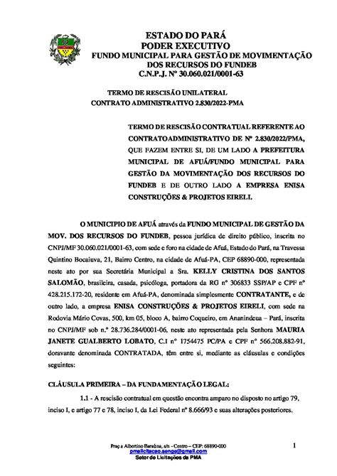 Distrato De Contrato Prefeitura Municipal De Afu Pa