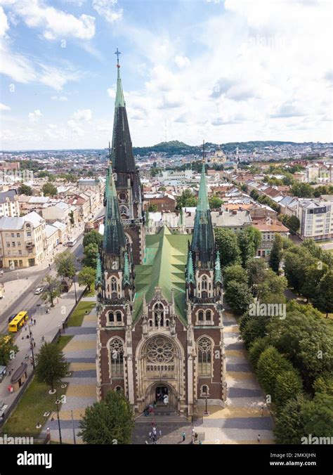 Ukraine, Lviv city center, old architecture, drone photo, bird's eye ...
