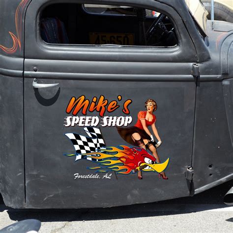 Personalized Hot Rod Pin Up Girl With Racing Flag Speed Shop Sticker Dingmun