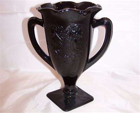 Black Amethyst Glass Loving Cup Vase With Design Vintage